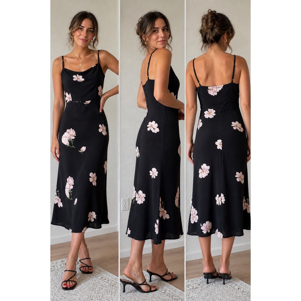 Reformation Floral Slip Dress Black Pink Midi Adjustable Straps Size 4